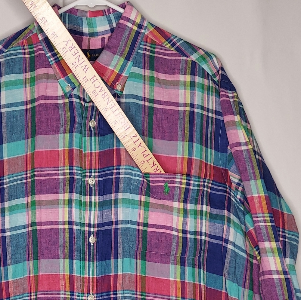 Ralph Lauren Linen Plaid Button Shirt Mens XL Multicolor Collar Coastal Preppy - Picture 4 of 9